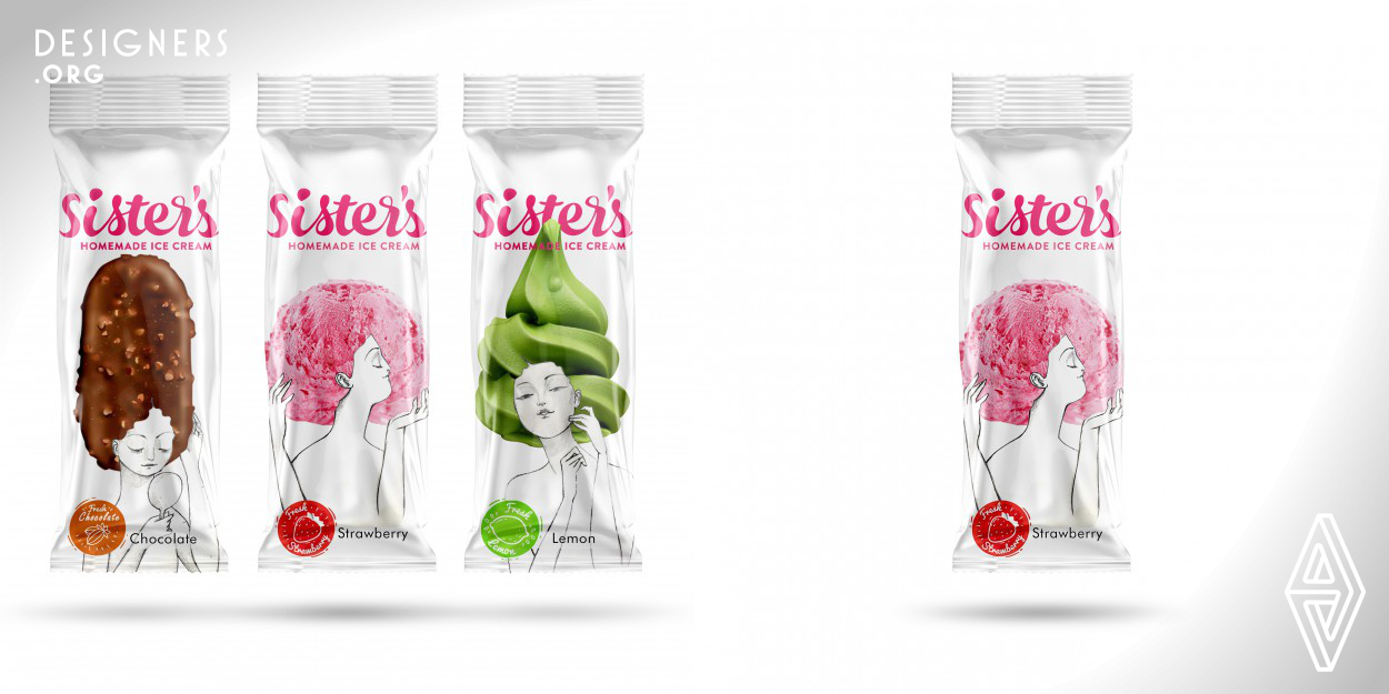 This Packaging is designed for the Sisters Ice Cream Company. The design team has tried to use three ladies, who are reminiscent of the manufacturers of this product, in the form of happy colors that come from the taste of each ice cream. In each flavor of the design, the shape pf the ice cream is used as the character's hair, which presents an interesting and new image of ice cream packaging. This design, in its new form, has attracted a lot of attention amongst its competitors and has had high sales. The design tries to create original and creative packaging.
