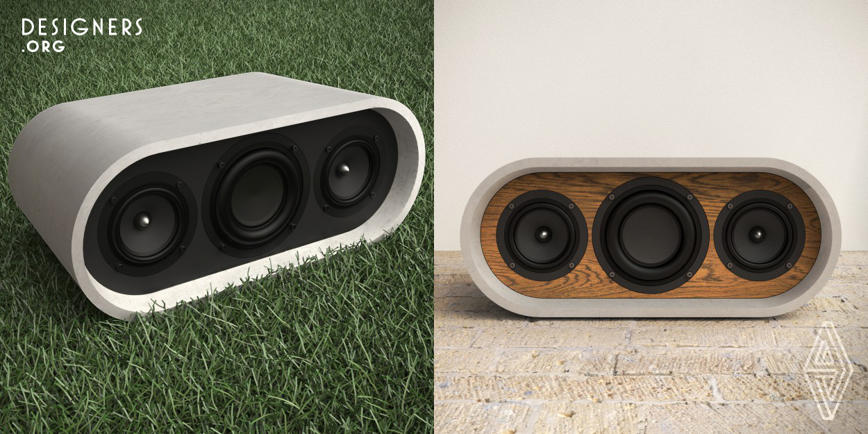 Tone is a wireless home speaker with body made in concrete, material chosen for its dense nature providing a solid enclosure. It's equipped with two full-range and one subwoofer speakers that provides a continuous power output of 200W. Built-on batteries and Bluetooth allows Tone to be placed anywhere in the house providing a Hi-Fi sound experience. Both color of the concrete and material of front and back panel can be customized and the optional aluminum front grid is kept in place trough magnets.