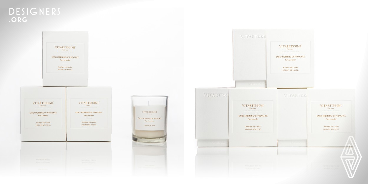 Vitartissimi is a natural and artistic lifestyle brand. The packaging is designed for the line of natural essential oil fragrance candle. The candles are handmade and 100% pure, thus, to share its health benefits. Thinking about recycling, the packaging is in a simple form. The box is without any prints but the uncolored logo and slogan, for reusing the box to do storage. Designers chose high-quality materials which conform to FSC, to promote its social responsibility. 