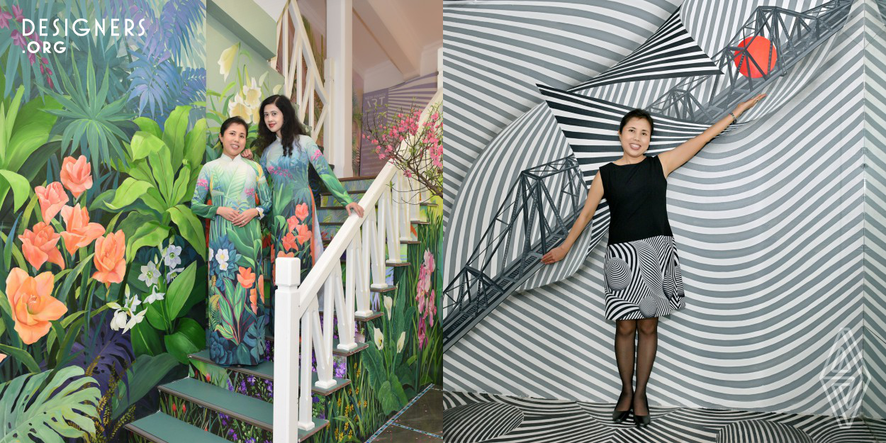 The New Hanoi Arts House reflects the murals, paintings and images of public artworks designed by Thu Thuy since 2006. Murals featuring flora and fauna are on the first two floors. Photography highlighting Thu Thuy’s past public artworks line the stairwell. A mirror room on the fifth floor, designed by Thu Thuy and Mike Savad combine graphic imagery with an iconic symbol of Vietnam. Even the outdoor balcony serves as a flower garden. Entrance is free of charge.