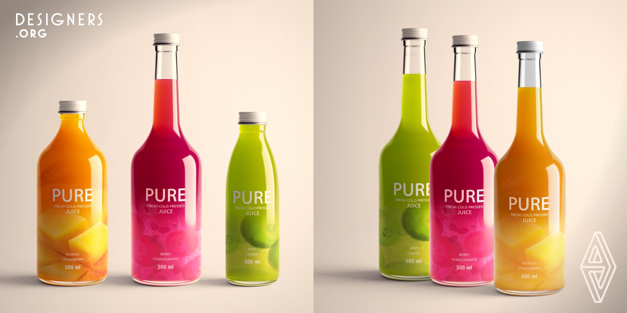 The basis for the concept of Pure Juice is an emotional element. The developed naming and design concept are aimed at the customer's feelings and emotions, they serve the purpose of stopping the person right next to the needed shelf and making them pick it from the multitude of other brands. The package expresses the effects of fruit extracts, the colorful patterns directly printed on a glass bottle that resembles in the shape of fruits. It visually emphasizes the image of natural products.