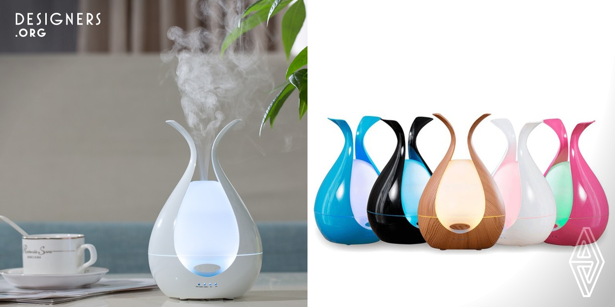 Ultrasonic technology vaporize the water and the essential oils in order to create a mist in the air. RGB led light create a color therapy while the oil parfume is an aroma therapy. The shape is organic and related to the main purpose to connect people to nature and relax. Blossom shape reminds you that this therapy makes you born again each time with new energy.