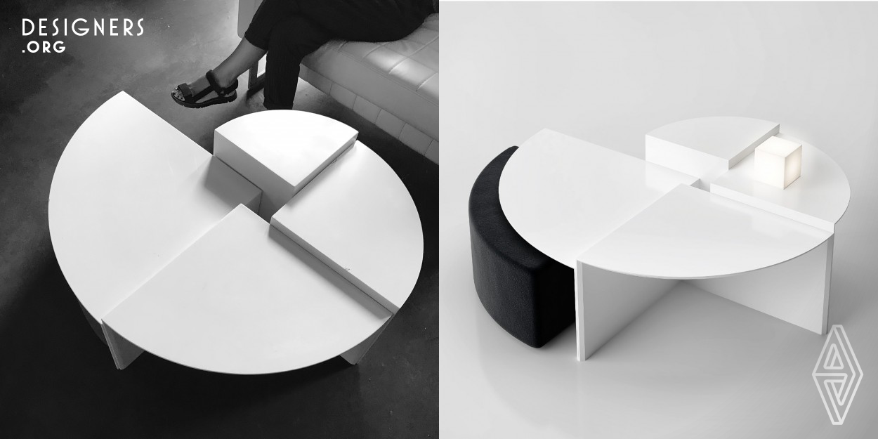 The design was inspired by the geometrical sculptures of Golden Ratio and Mangiarotti. The form is interactive, offering the user different combinations. The design consists of four coffee tables of different sizes and a pouf lined up around the cube form, which is a lighting element. The elements of the design are multifunctional to meet the user's needs. The product is produced with Corian material and plywood. 
