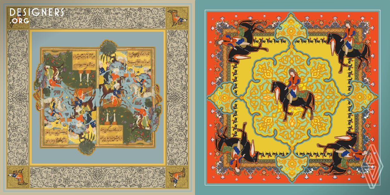 These designs have been created by using the bright and bold historic features of Persian Miniature, including its special designing style and colors in the way of today’s design which is more advanced in Flat Design based illustrations. This property links the characteristics of today's fashion industry with the cultural heritage of the nations, the massive imperfection of the details is a modern interpretation of antiquity.