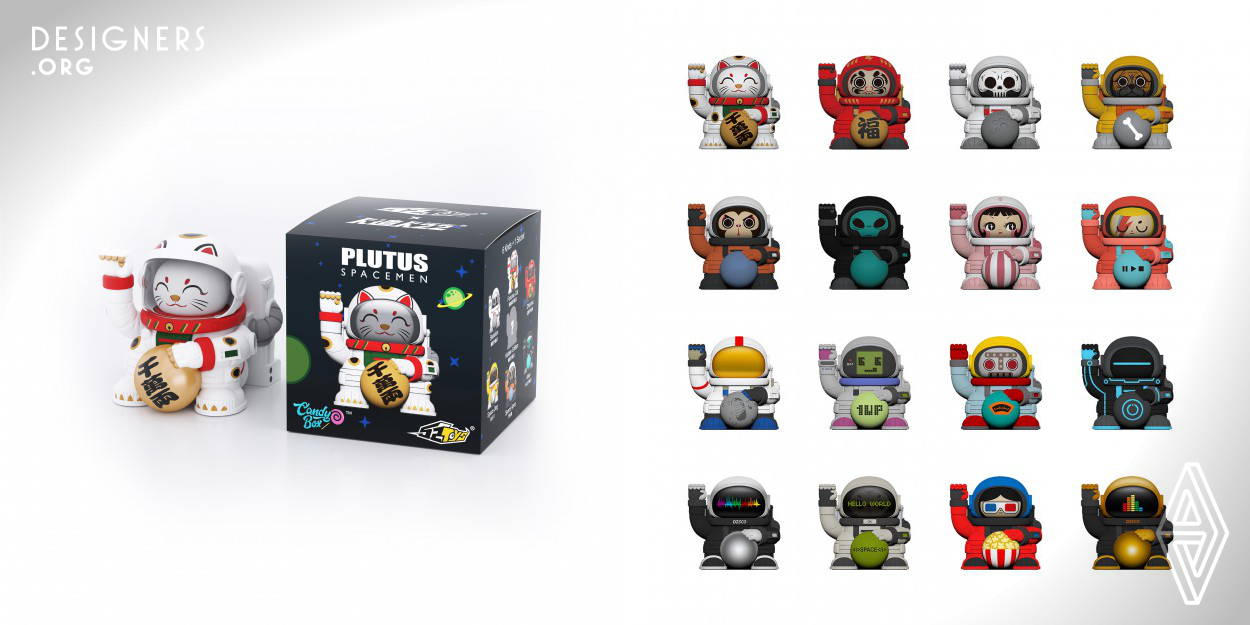 The product line was named 'Pluto Spacemen'. The designer combines the elements of 'Fortune Cat' with astronauts, and matches the original formal spacesuit with the lovely design appearance to give people more joy and love. Different colors make you look forward to opening the package. This series takes retro as the design theme, and makes different attempts in color collocation. Different processes make the whole product more pleasant, and ultimately these memories will be presented to customers through time and space.