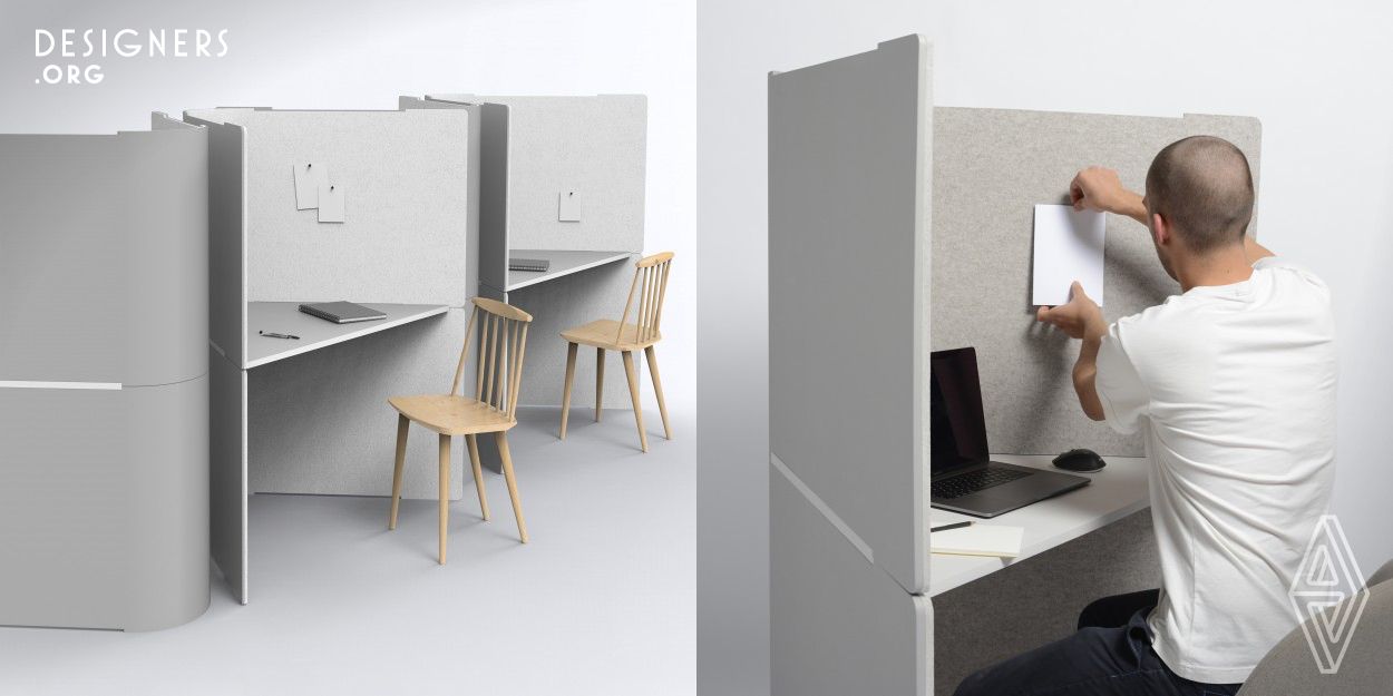 Dava is developed for open space offices, schools and universities where quiet and concentrated work phases are important. The modules reduce acoustic and visual disturbances. Due to its triangular shape, the furniture is space efficient and allows a variety of arrangement options. The materials of Dava are WPC and wool felt, both of which are biodegradable. A plug-in system fixes the two walls to the tabletop and underlines simplicity in production and handling. 