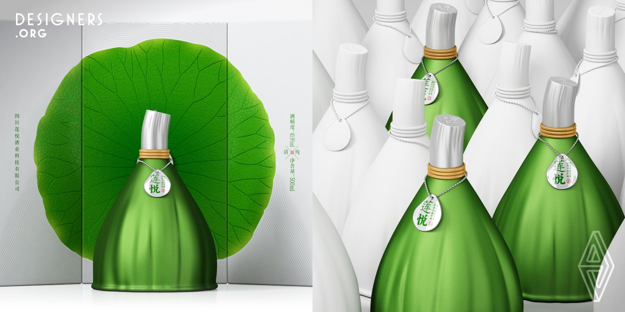 Lotus in traditional Chinese culture to express noble, upright, non-corrupt gentleman wind meaning. The bottle is designed in the shape of lotus seed, the bottom of the bottle fully expresses the details of lotus seed incisively and vividly, the craft difficulty is extremely challenging, and it has the function of anti-skid. The design concept perfectly combines the essence of Chinese traditional culture and modern environmental protection craft art, and conveys the pure, natural and ecological high clean quality of the product. Lotus leaf is the main creative vision of the box.