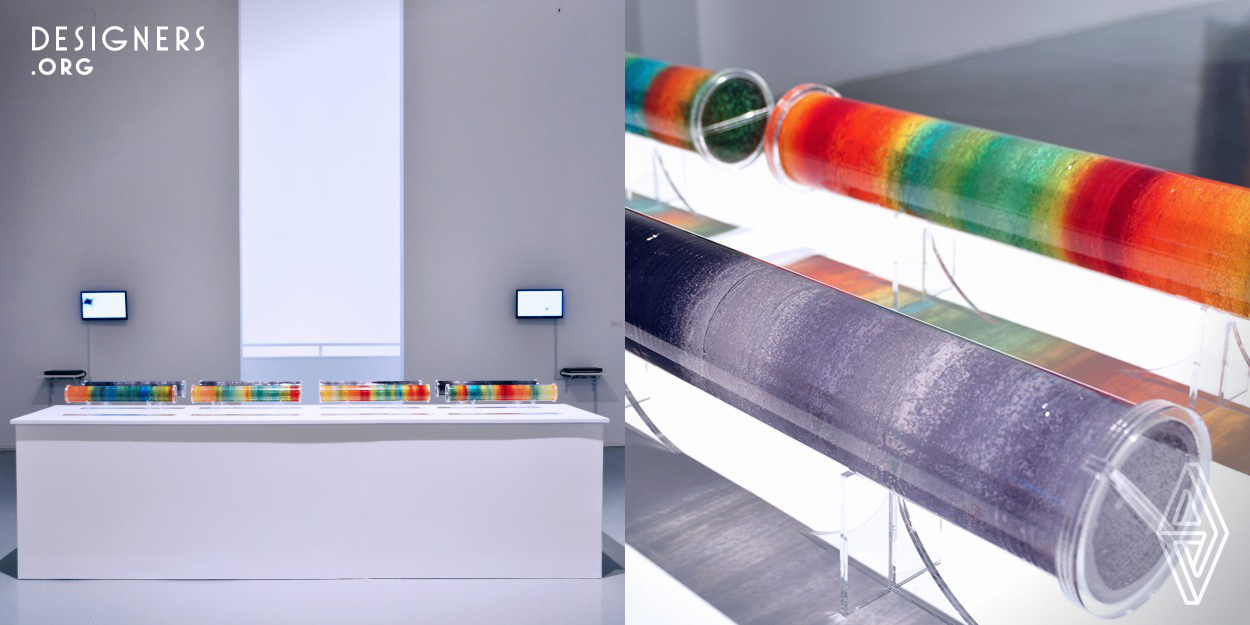 This installation project aims to explore and visualize the relationship between the level of carbon dioxide vs. global climate. A greyscale color scheme depicts the carbon dioxide variation over the last four hundred thousand years. In comparison, four tubes using a color scheme based on the weather map describe temperature variations. If more carbon dioxide is present in the global environment, the higher the temperature. Inversely, the lighter content indicates a lower carbon dioxide production and therefore followed by a generally colder climate.