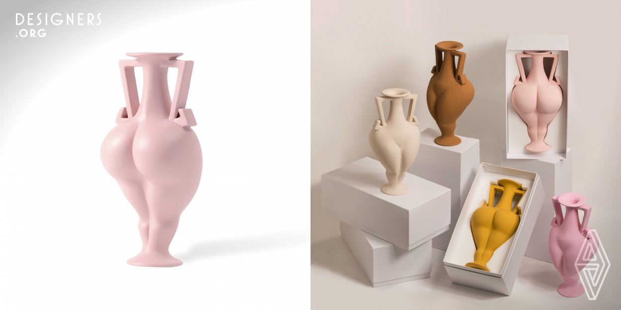 B Fora is an iconic ceramic vase. The shapes come from the combination between the classic amphora of Ancient Greek and the curvy woman’s body. Starting from the wide rim, the narrow neck of the vase measures only 1.5 cm, creating a soft curve that helps to drain the liquids in a single flow. From the shoulder to the belly, the vase reveals at 360° the shapes of a self-confident woman, proudly showing herself. 