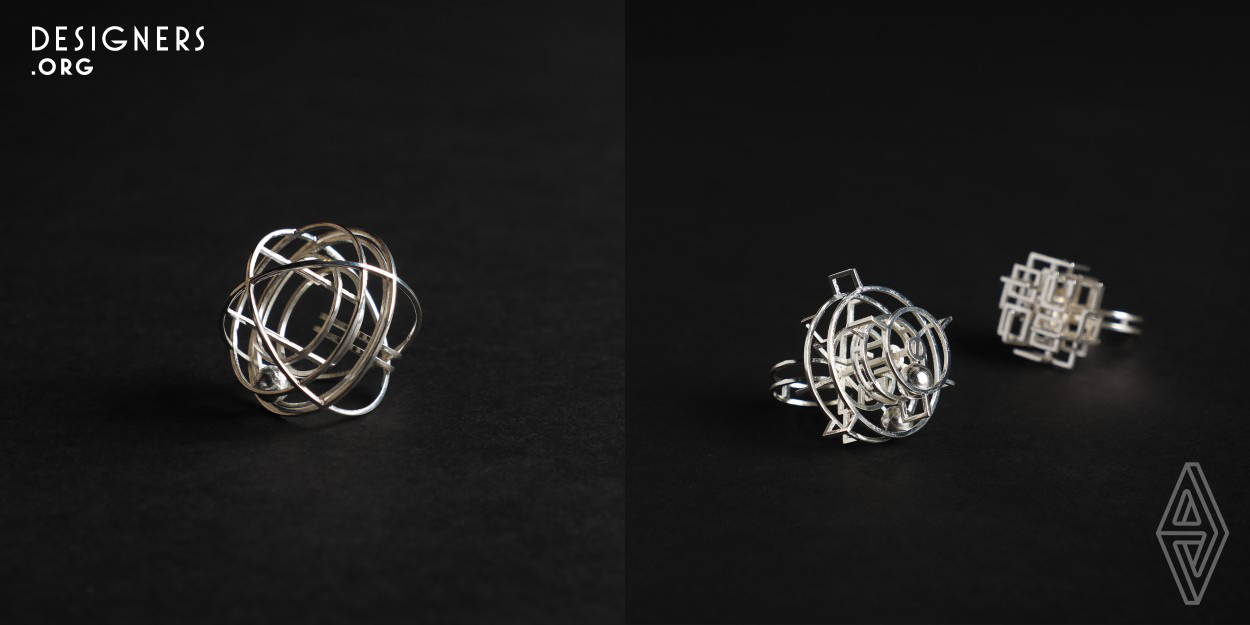 This project is a collection of rings that are designed to highlight the interaction between wearer and jewelry. The moveable sphere inside the ring provides feedback to the wearer through natural movement in form of collision, vibration, and rotation. The nine rings are designed in different formats that can be worn in various ways.
