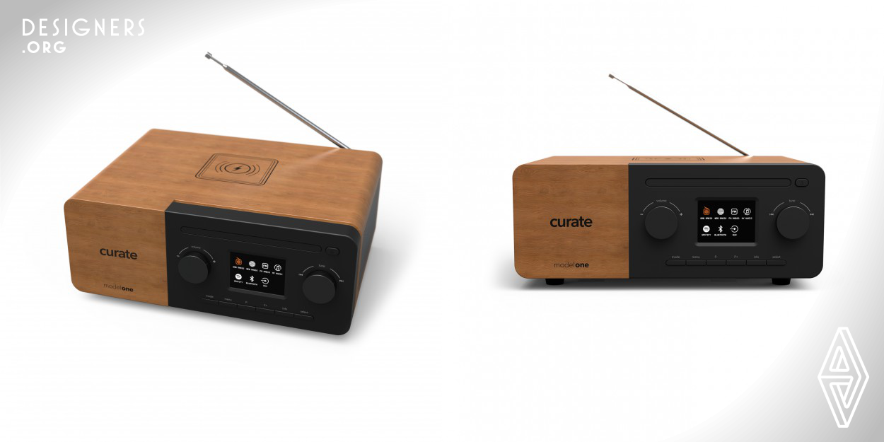 Model One is a DAB internet radio which blends the authentic materials with the new technologies. The wooden cabinet is further extended to the front while covering a square shaped portion to emphasise the authenticity of the wood material more. Both the control panel and the display have matte, anti-glare finishing to keep the technology invisible and hidden and promote the real material use in the product. The wireless charging on top helps user to maintain long hours of enjoying the music, while charging their mobile devices and keep the radio in the center of life, again. 