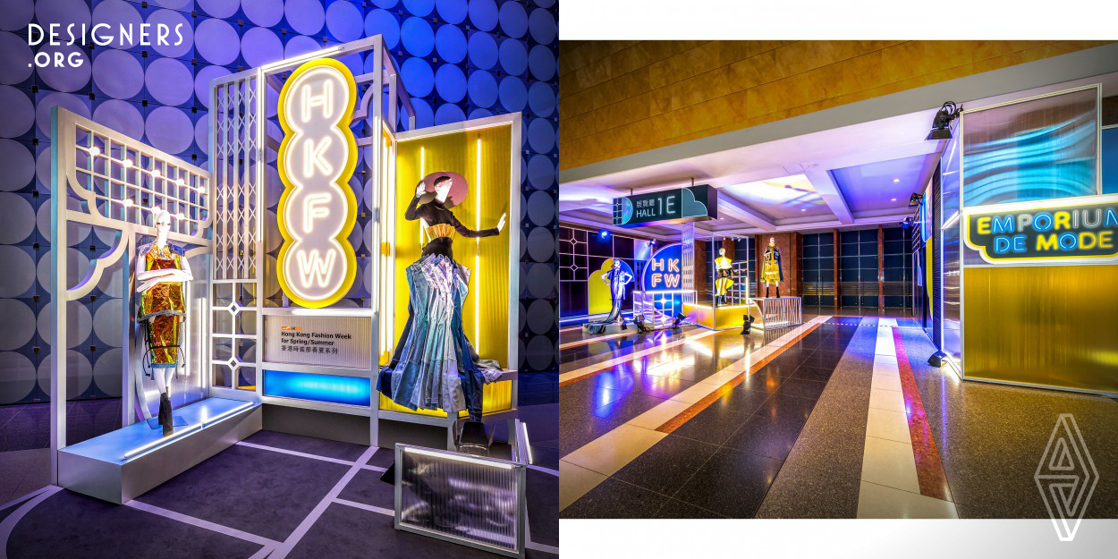 To uplift the image of the 2019 HK Fashion Week (Spring/Summer) a concept titled Neon Nights was developed, by mixing fashion industry latest colour trends into elements of retro Hong Kong nighttime neon street scenes. Three areas were given by the organizer to enhance this trade fair into a marketing show. First, a welcome installation at the venue main entrance, followed by the exhibition hall main entry. Then inside the hall, a 300 m2 multi-functional communal space was created for fashion shows, seminars and informal meetings activities etc.
