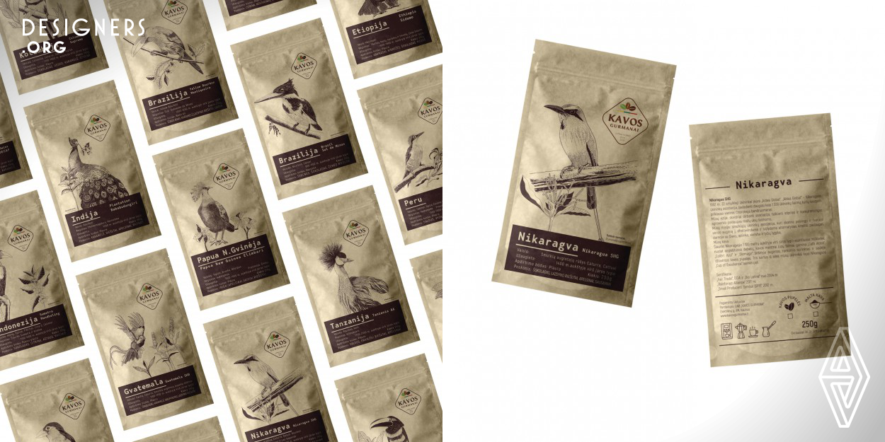 Every product deserves a right packaging. By developing this packaging, designer helped a successful coffee roaster company to reach new people that value premium quality coffee and care about it's origin. By providing the new look of the packaging, designer was trying to enhance the value of the handmade coffee that comes from almost every continent. The decision to use bird illustrations of each country was based on their elegant nature and also a hand crafted feel they give to the final product. Kraft paper and deep dark brown color of the illustrations also serve the same purpose.