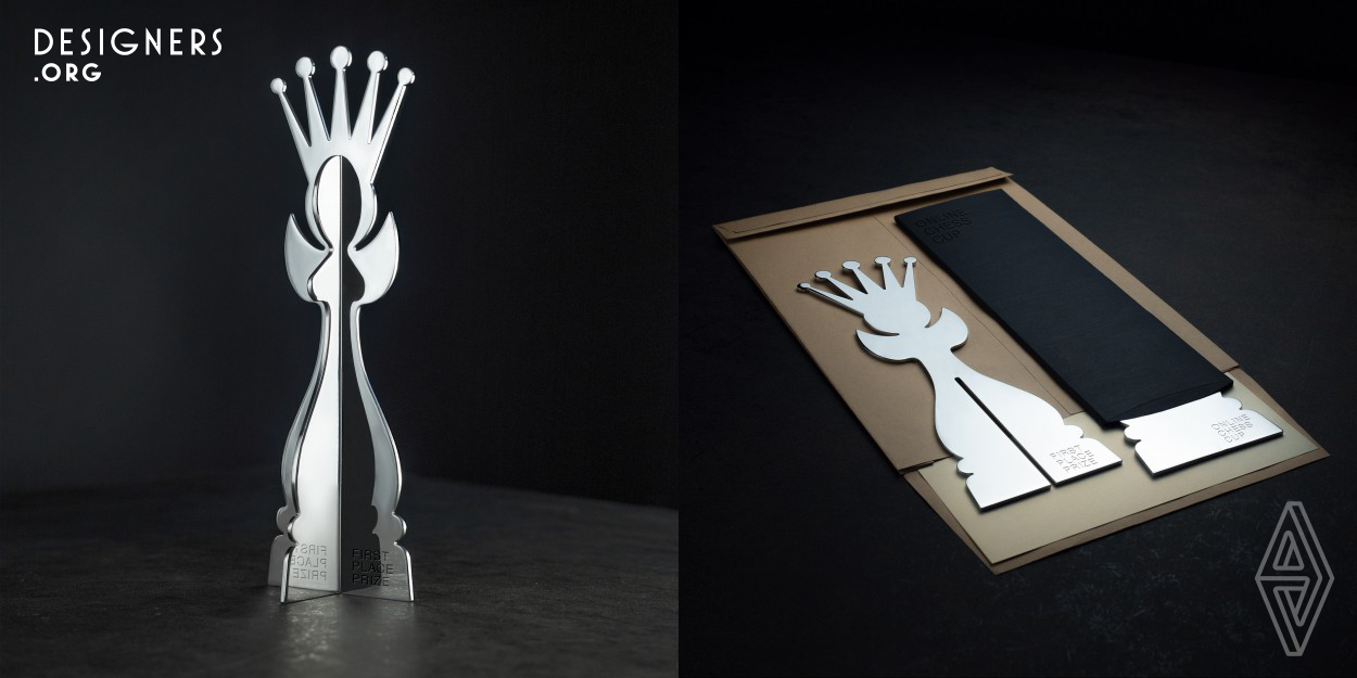 This design is realized to contribute to the normalization of life during self-isolation, and to create a special award for the winners of online tournaments. The award's design represents the transformation of a Pawn into a Queen, as a recognition of the player's progress in chess. The award consists of two flat figures, the Queen and the Pawn, which are inserted into each other due to narrow slots forming a single cup. The award design is durable thanks to stainless steel and is convenient for transportation to the winner by mail. 