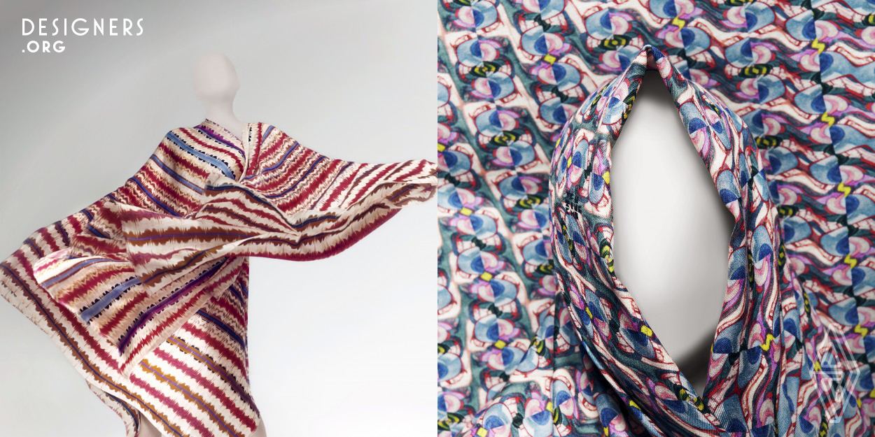 Unisex scarves with unique digitally-printed contemporary patterns produced using a bespoke software programme called MovISee that uses body movement to reconstruct digital data such as photos and reveal organic details not possible solely by computer programming. The software enables the designer to create asymmetrical and non-repeat patterns, resulting in multifaceted and playful scarves that can be worn in different ways according to ones mood or occasion, and are unlike any other products in the textiles or fashion accessories market.