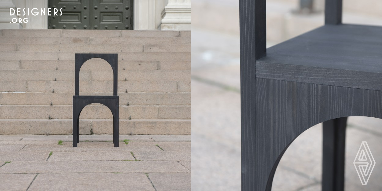 Chair and stool made out of carved and black stained laminated pine wood. The design is based on simple and repetitive forms, rules and shapes that gives the furniture a simple, homogenous and logic expression. Five identical arches create the legs and backrest of the chair, while a stool is made by three half arches that connect in the center. 