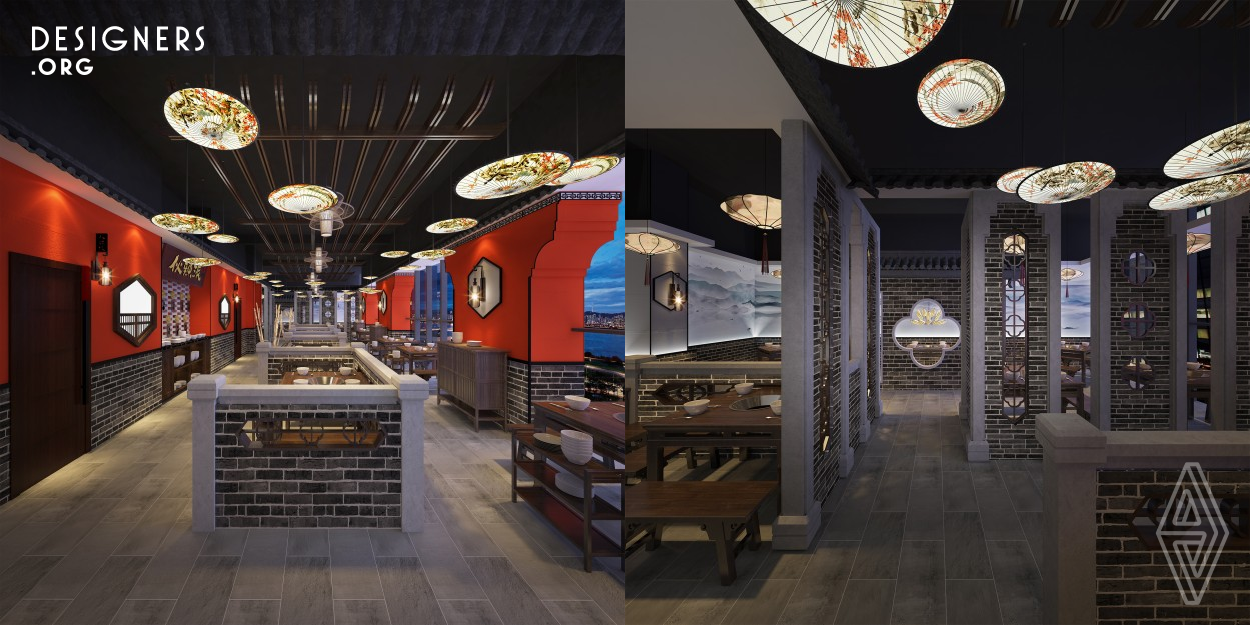 The project, with a total space area of about 500 square meters, makes use of the beams, stone walls, grilles and floor conversion to create spatial hierarchy on the basis of preserving the original building plan. The designers skillfully adopt the form of winding Chinese corridors to ingeniously distance with next tables, enabling diners to enjoy the spacious environment while protecting their privacy. The design of the ceiling echoes with the oil-paper umbrella lampshade and hanging lamps above the guest seats, creating a quiet atmosphere in the dining space.