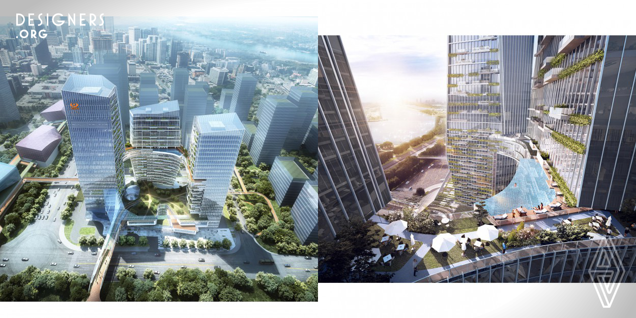 The project is located in the Creative Media Technology Park (CMTP) in Changsha. The site is adjacent to the Liuyang River and the central axis of the park. The building height limit of the site is 120m, which is lower than the surrounding parcels in the CMTP. Therefore, the design seeks to create a unique city landmark by linking three towers. The three towers are arranged in an encircling manner along the river and connected in the air, ensuring the maximum view toward the river. 