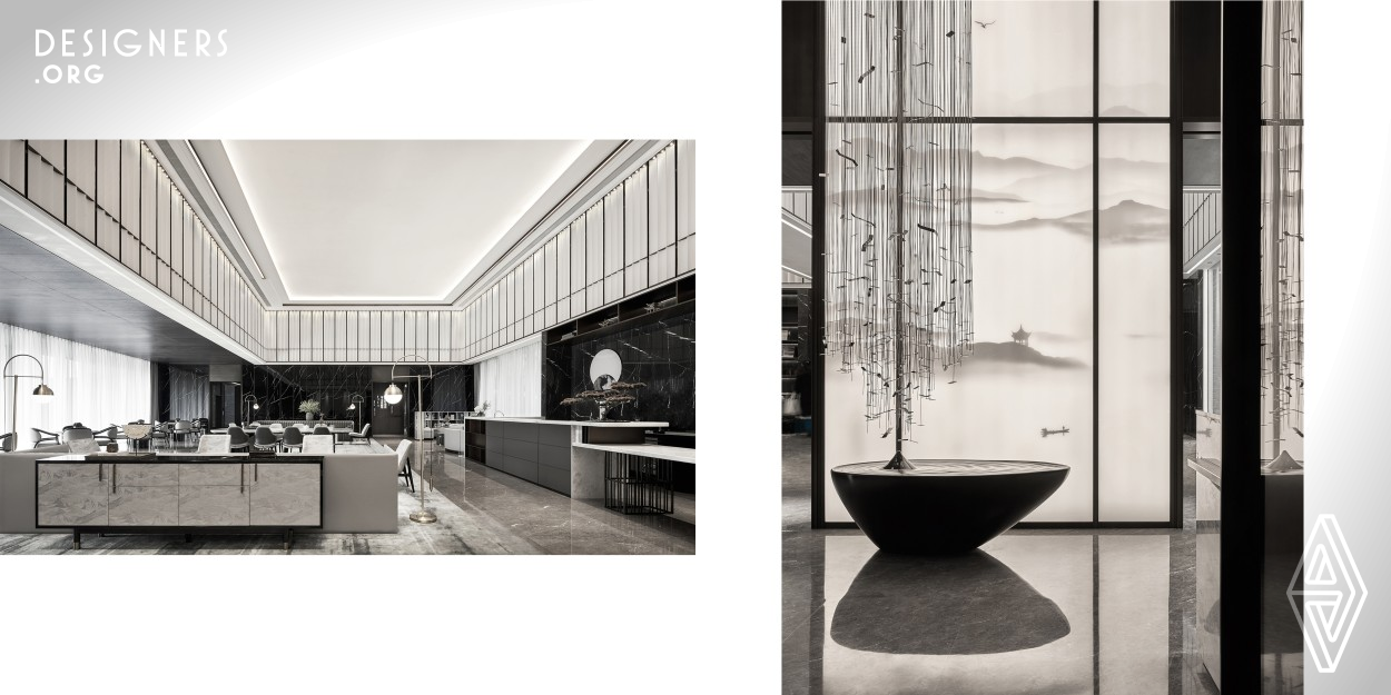 The project is located in Hangzhou, which served as a club for the occupants as well as the sales canter. Filled with light, the negotiation area is spacious. To resembles the flowing Grand Canal, ind the elevator hall, the ceiling uses rippled stainless steel sheet. And the contract signing room, is endowed with elegant and delicate adornments. Wood-grain wall panels keep the room serene and solemn, while the ink-wash fabric, inherits the spirit of the Grand Canal, with a sense of layering adds the finishing touch to the space.