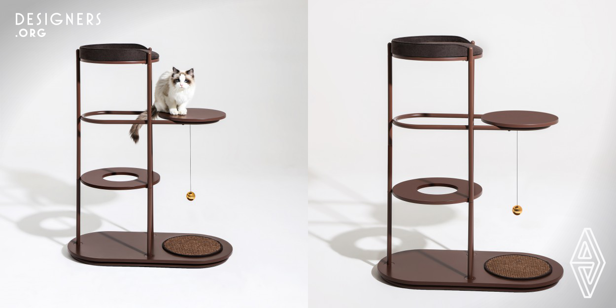 This cat climbing tower explores a new form of cat furniture. To boost the harmonious relationship between cats and home environments, it breaks the bulky stereotype of existing cat trees. According to cats’ habits, the upper part is used as a resting place and watchtower for cats to observe their territory. The lower part is designed for entertainment, offering cats a large, safe playing area.