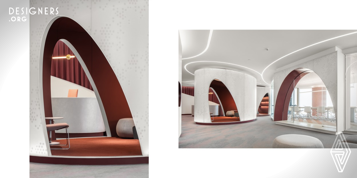 There are two eye-catching cylindrical structures, which respectively function as waiting area and reading area as inside the reception foyer. The volumes take on a futuristic and stylish form by featuring white exteriors and red interior finishes. Embedded ceiling lights flexibly run throughout the space in accordance with the circulation and spatial structures. The simplistic furnishings and furniture as well as green plants make the founding partners' room comfortable and tasteful.This is an open, free and artistic works pace. 