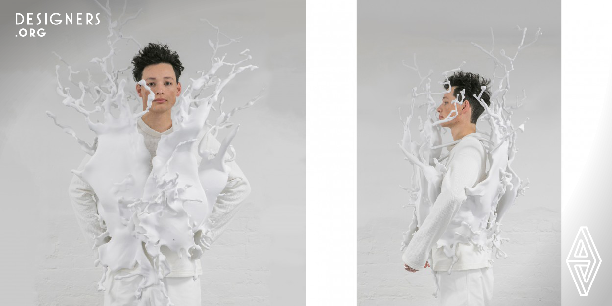 “River To Ocean”, seeing who you are while flowing your way. It combines Kou’s textile work with Nie's 3D wearable sculptures that resemble splashing liquid frozen in time. The models were Nie's 3D design and sculptures as hats, vests, and decorations on their shoes. The wearable sculptures mimic different forms in moments of how water drops on flowers or collide with rocks. This concept is a metaphor to illustrate the moment in life that one who finally finds a true self throughout his/her past experiences. To wear it in the body is a healing journey and also a form of newborn.