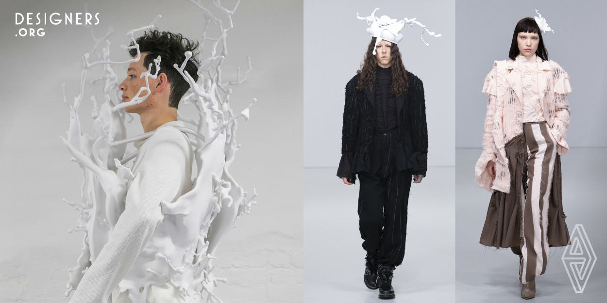 River to Ocean, seeing who you are while flowing your way. It combines Kou’s textile work with Nie's 3D wearable sculptures that resemble splashing liquid frozen in time. This capsule collection contains 6 looks in total, and it was divided into 3 themes which are “Meet with flowers”, “Meet with air”, and “Meet with earth”, which are also three metaphorical elements as one’s diverse experience in life to help him/her to see the true self. 