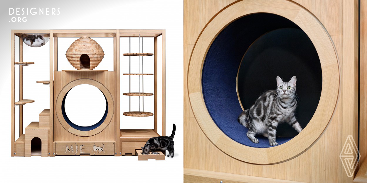 It started as a project to showcase Japanese craftsmanship, utilizing laminated cedar wood from Fukui Prefecture in Japan and the skills of furniture craftsmen in Fukui Prefecture. It is a luxurious piece of cat furniture that incorporates elements of sleeping, toilet and eating spaces, while being a cat tower that understands the habits of cats and allows them to exercise. Even if it don't remodel home for cat, it can be used as an interior accent, and the design shows the splendour of woodworking techniques by furniture craftsmen and the beauty of the wood grain.