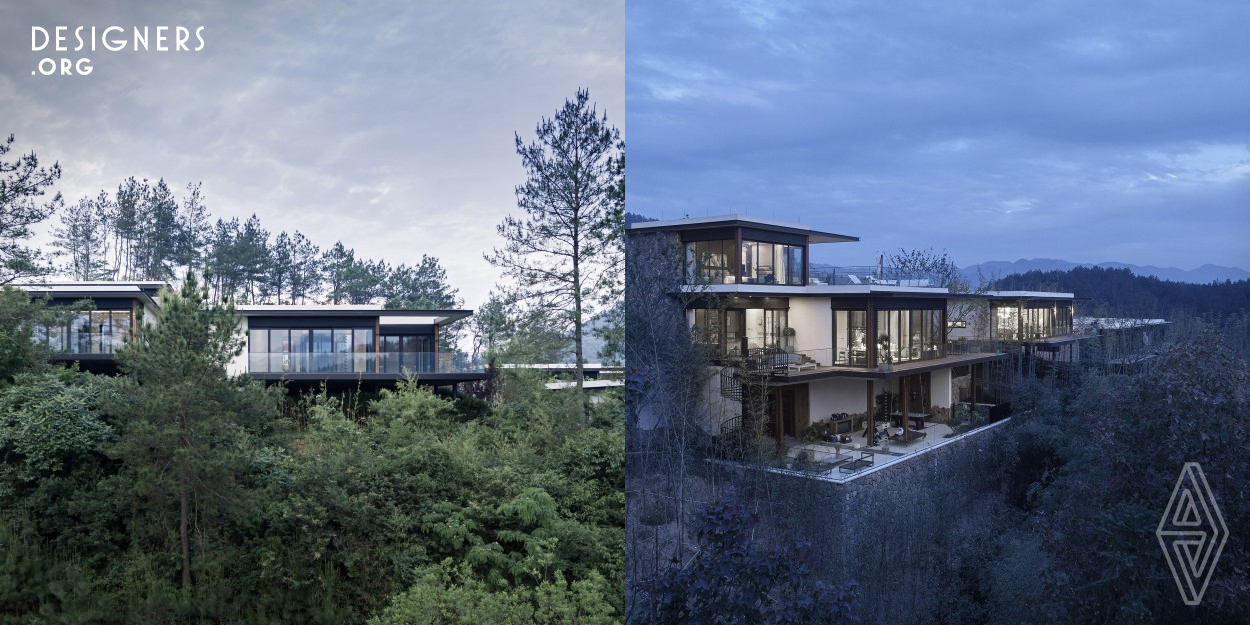 This project presents 56 single families dropping in a mountain scenic area. The integration of ‘heaven, earth and humanity’ is the overriding philosophy. Inspired by the traditional Chinese stilt house, each villa is supported by steel frames to respect existing topo and promote lightness. Large glass enclosure emphasizes the horizontal extension and creates the effect of glass boxes floating among the alpine landscape. Overall delivers a complete design of fulfilled natural belongings.