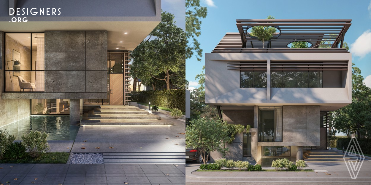 This house is a prototype for a residential complex aimed to accommodate young families. It is designed to symbolize the tree. A tree that grows and continues to spread its roots down the earth and its branches up in the air. It's the symbol of a family. It's obvious that this house structure is growing the same as the tree structure. The stem of the tree is the core of the house which in this case is the stairs. The stairs that shape its journey. A journey from the bottom the entrance level to the top the roof garden. With all spaces cantilevered out of the core.