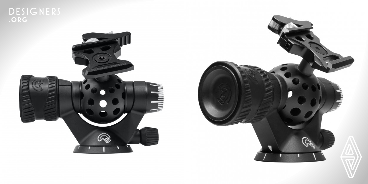 The Aspen tripod head is designed to simplify compositional framing for photographers. The open construction creates a large range of motion which allows for quick adjustments in both landscape and portrait orientations. A hollow ball with holes provides weight savings while maintaining strength and rigidity and the lever clamp is secure, adjustable and intuitive. The matte black anodized aluminum finish gives the Aspen a streamlined, modern look that can withstand years of use.