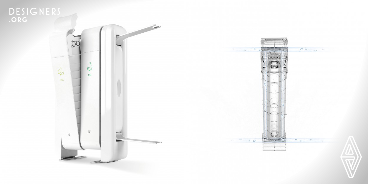 The idea of Qi2 came from the concept of array and building blocks, also the philosophy of ergonomics. Breaking the design frame of existing water filters, constructing all of possibilities with the simplest element. Compared with the existing water filters, Qi2 provides users with flexible filter cartridge selection from one to multiple combinations. As seen, Waterway and Cartridge will be replaced simultaneously, thus no more dirty waterway. 