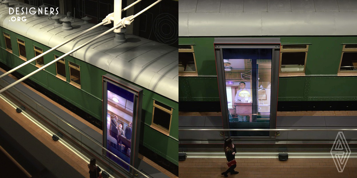 The installation combines a rare carriage named after a French engineer Camille Polonceau with a multi-screen video wall moving along. The video demonstrates inner space of a private premium carriage used by prominent Soviet officials. Historically accurate shooting is combined with CGI. Video content is accurately synchronized with video wall movement, so that a physical carriage standing next to a visitor a provides a glance at one of historical episodes that may have happened inside.