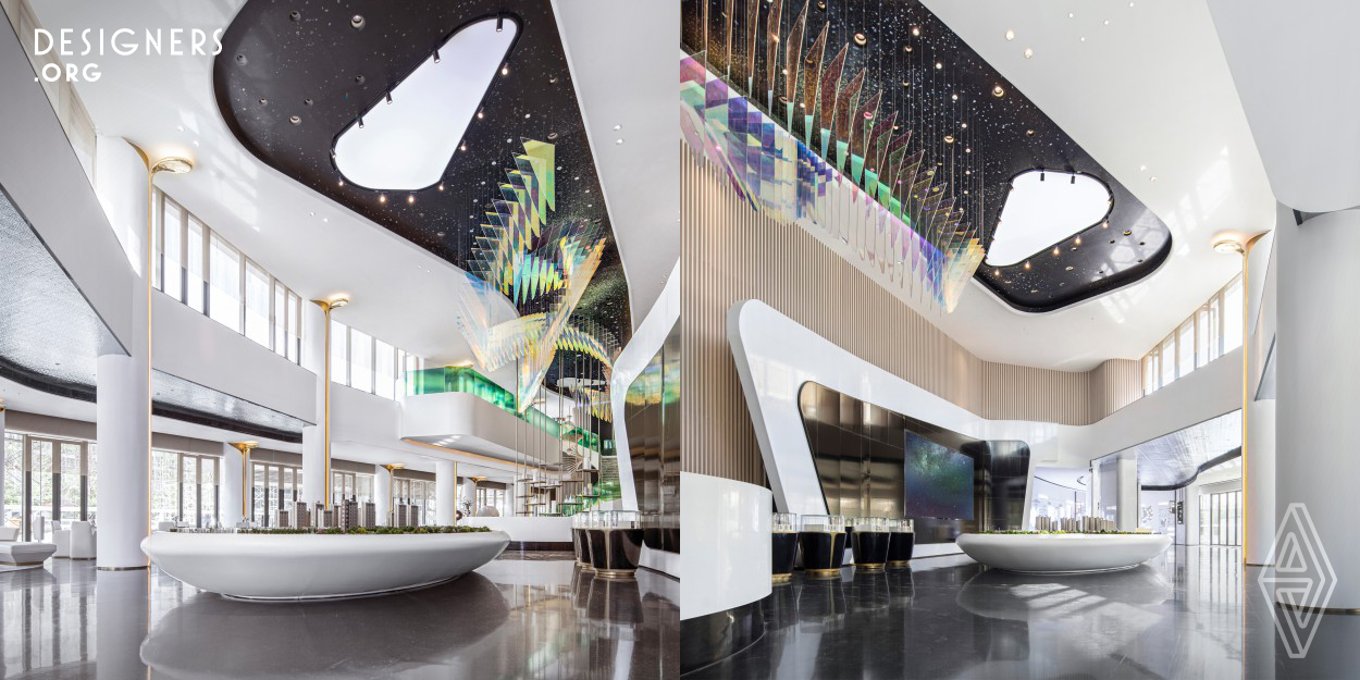 The sales center featured the "Aurora" design concept in the space, highlighting the canal cultural heritage of Xuzhou. The space design is an extension of the architectural design featured the shape of canal. The ever-changing beauty of the aurora is just a moment, but it implies eternity in spiritual level. The rive of the canal is featured in space in the form of light. The whole project embodies a rich structural order, where the modern simple form is integrated with the architecture.