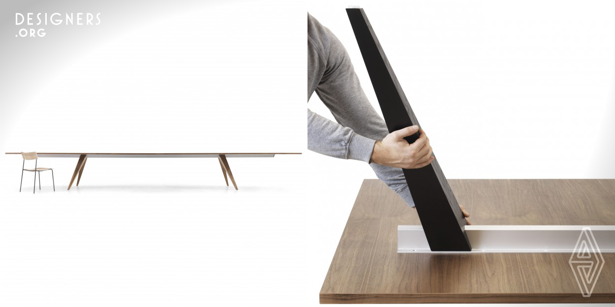 Ponto table is an innovative combination of aluminum - the supporting beam - and solid wood – the legs. In the upper-end of the legs, a “negative print” of the extruded beam-profile is milled out. This allows the leg to be slided onto the beam and left where wanted. When the table stands, gravity locks the legs and stabilizes the whole construction. Advantages: Freedom in leg-positioning, customizing in shape and size, good stability, extremely long spans between legs, easy exchange of legs and easy separation of materials after the lifespan of the table.