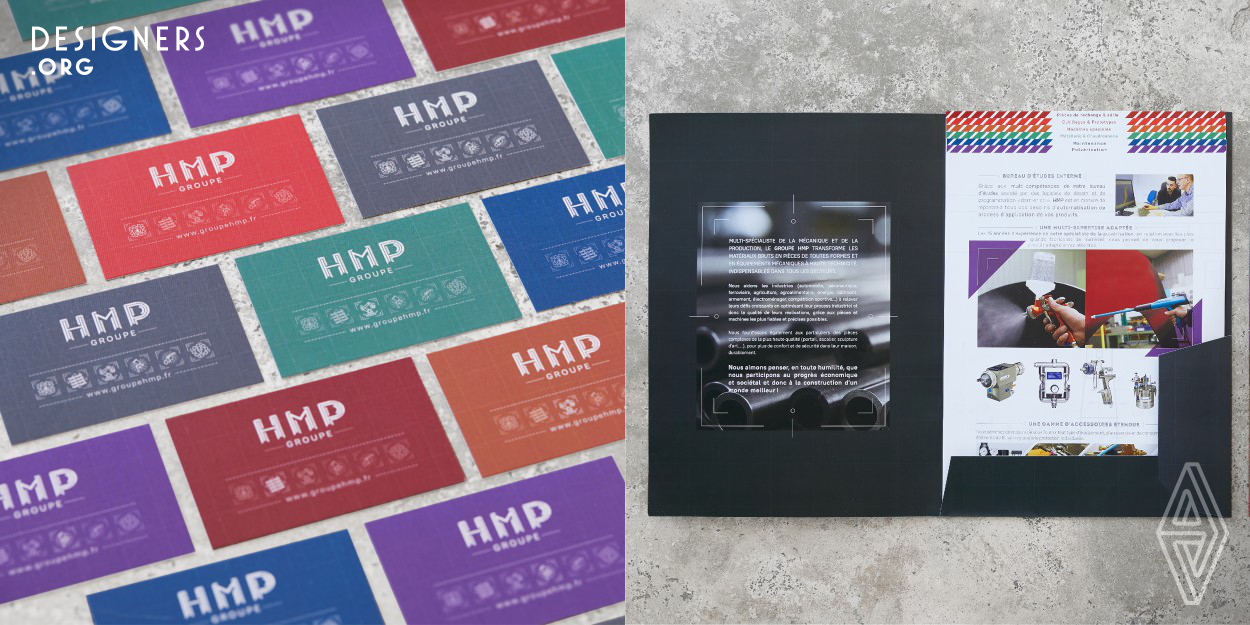 The HMP Group logo is created to underline the strength of the company, to clarify their communication strategy and highlight their expertise as well as defining the group’s new visual identity and brand architecture. The letters are created in the same way the group stamps it on their pieces. In the background, sketches evoke the global accompaniment that HMP provides. Each expertise is symbolized by pictogram as well as a specific color, chosen with the client for a more comprehensive look, and highlight their different services.