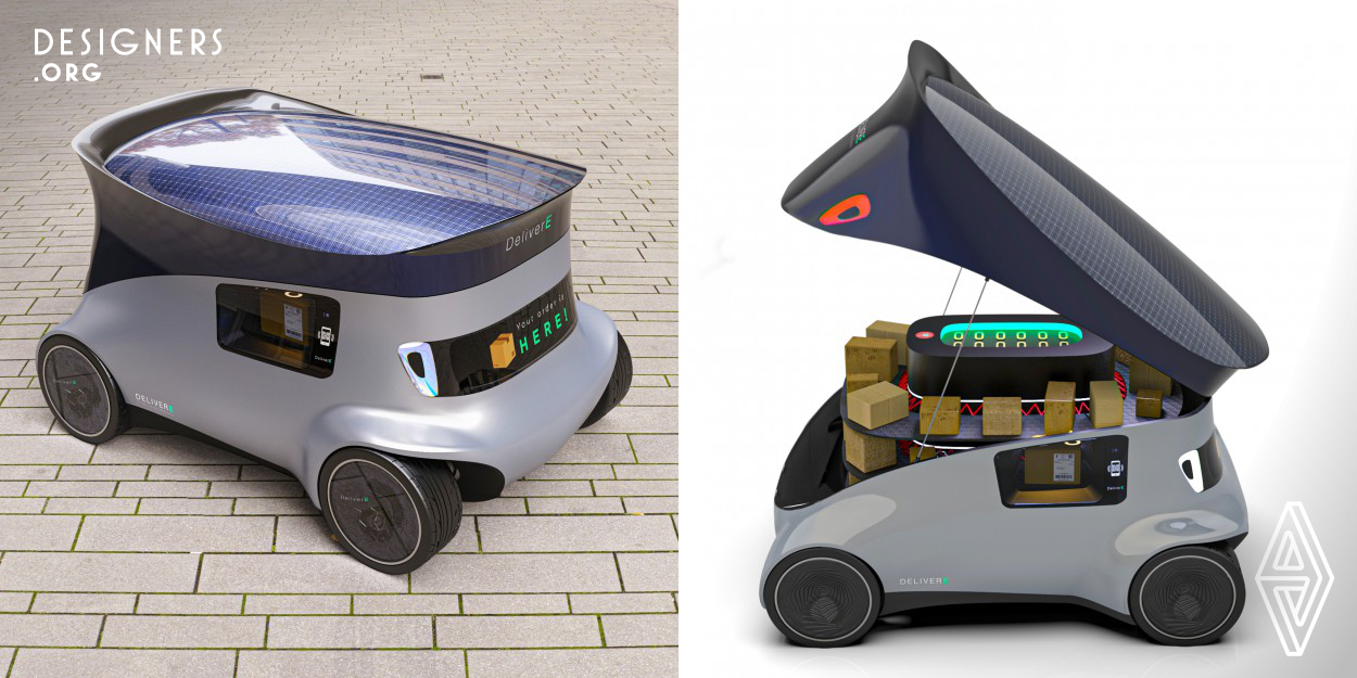 The year is 2030. Transportation has become sustainable, and DeliveE is the post office main mail distribution transportation mean. Environment Friendly, The vehicle is powered by a solar panel located at it's roof, backed up with battery pack. The vehicle operated by a computer system, which is synchronized with the mail app, which interfaces directly with the recipient himself. The smart car is loaded into the post office warehouses, and goes out independently to disperse the mail within the city. DeliveE represents a new era of A.I human being interaction.