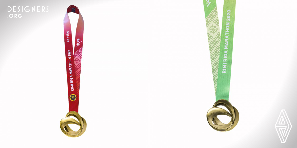 The 30th anniversary medal of the Riga International Marathon Course has a symbolic shape connecting the two bridges. The infinitely continuous image represented by the 3D curved surface is designed in five sizes according to the mileage of the medal, such as full marathon and half marathon. The finish is matte bronze, and the back of the medal is engraved with the tournament name and mileage. The ribbon is composed of the colors of the city of Riga, with gradations and traditional Latvian patterns in contemporary patterns. 