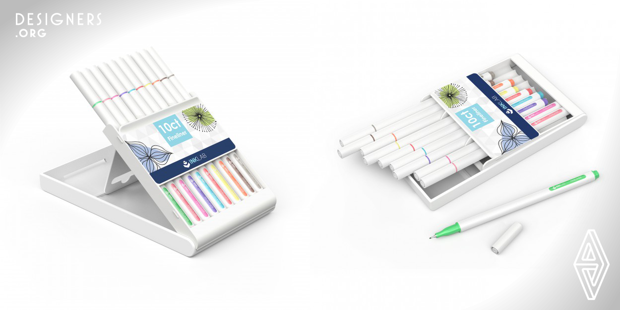 The watercolour pen set is characterised by its extraordinary packaging, which can be displayed, hung up or set up when flipped open, thus offering practical handling. The hanging hole and support plate are convenient for the presentation in shops, while the box can be flipped open to use, enabling the user to comfortably pick pens. The pens have an oval cross section, which on the one hand prevents them from rolling away and on the other hand provides ergonomic grip.