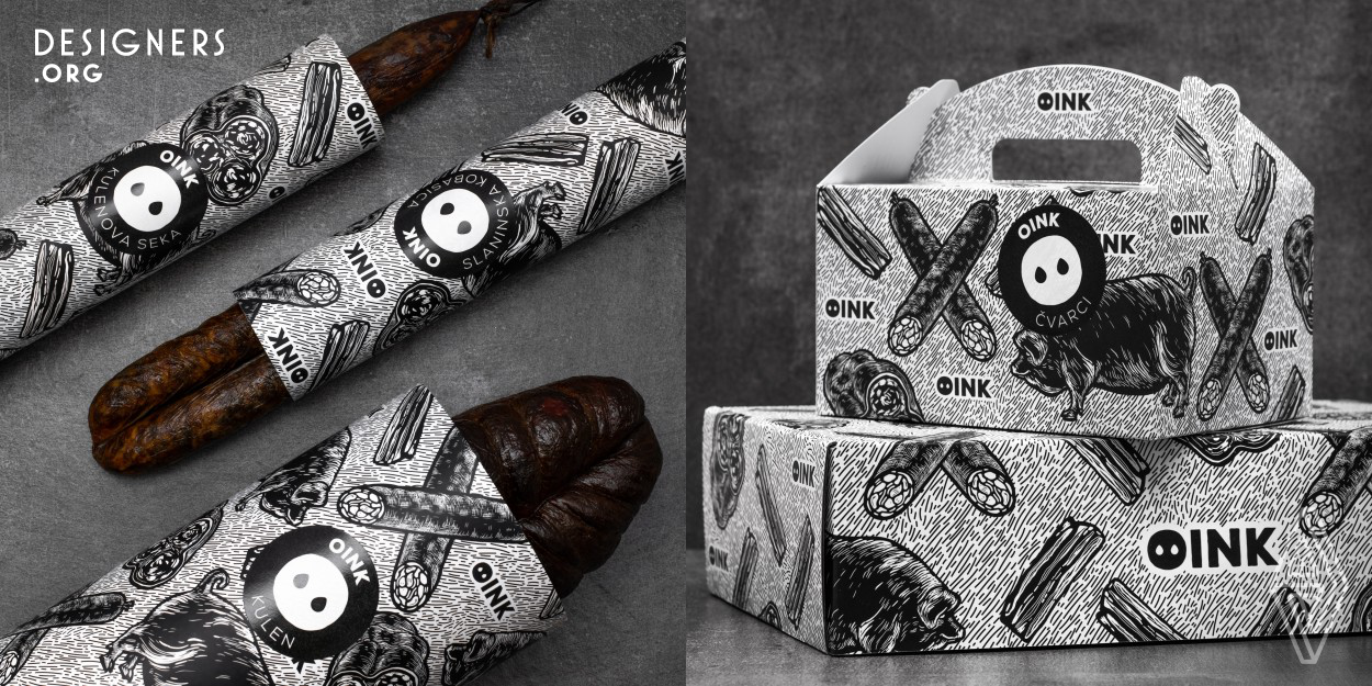 To ensure client's market visibility, a playful look and feel was selected. This approach symbolises all of the brand qualities, original, delicious, traditional and local. The main goal of using new product packaging was to present customers the story behind breeding black pigs and producing traditional meat delicacies of the highest quality. A set of illustrations were created in linocut technique which display craftsmanship. The illustrations themselves present authenticity and urge the customer to think about Oink products, their flavour and texture.