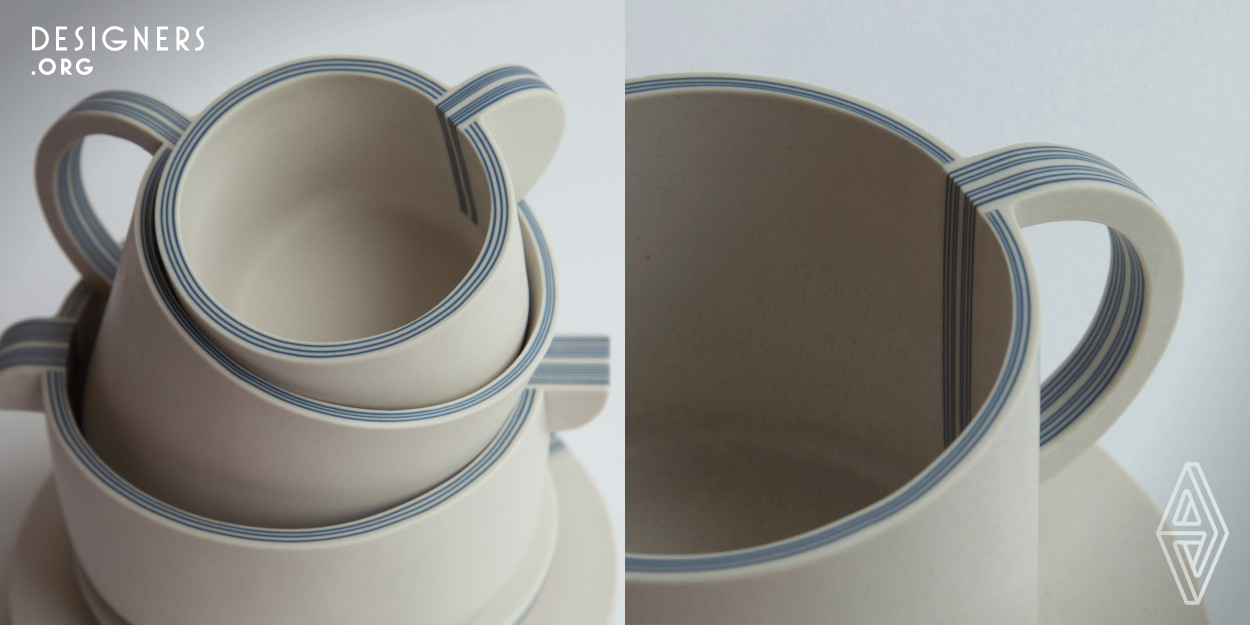 Plycelain -a term coined by Yuting Chang combining plywood and porcelain- is a collection of multilayered slip casting drinkware. Chang creates a contemporary version of blue and white ware through applying slip casting, the mass-production technique of ceramics. By adapting the process of slip casting, layers form, and subtle blue lines are exposed on the cut surfaces, which emphasize the beautiful relationship between assembled parts.