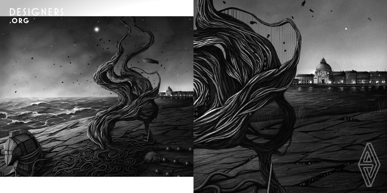 Made entirely digitally using Photoshop and a graphics tablet, Malware displays the result of the dissolution of a relationship. The contrast in the painting is based on the concept of duality in nature, of the contrast between happiness and sorrow. The use of black and white, chaotic foreground and calm background, hardness and softness, all create a romantic, yet somber mood and express the melancholy one is left with following a breakup. 