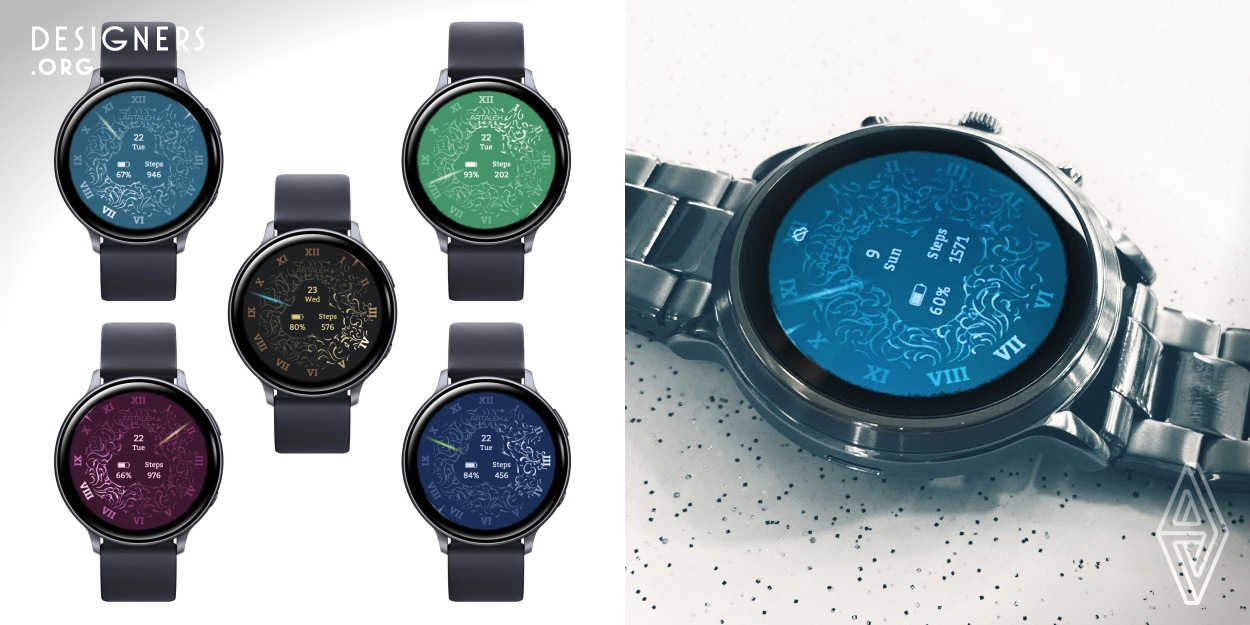 The Muse is a smartwatch face that does not look like a traditional watch. Its totemic background is the key element to tell the hour, and together with a glare-like stroke to point out the minute. The combination of them politely conveys the sense of time flow. The overall gemstone looking greatly renders an exotic user experience. 