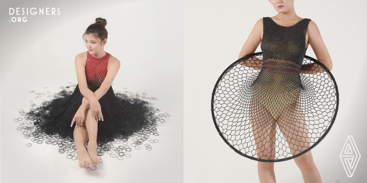 This design is made from rubber rings by a special weaving technique suitable for annular materials. It can weave rubber rings together to be a reticular fabric and convert them into wearable designs but not cause any damage to the annular structure that all the materials inside the fabric are intact and can be reused. In addition, It does not require professional skill and special tools that even laymen without any weaving experience can easily use this craft. Everyone can knit his own clothes easily by this way. 