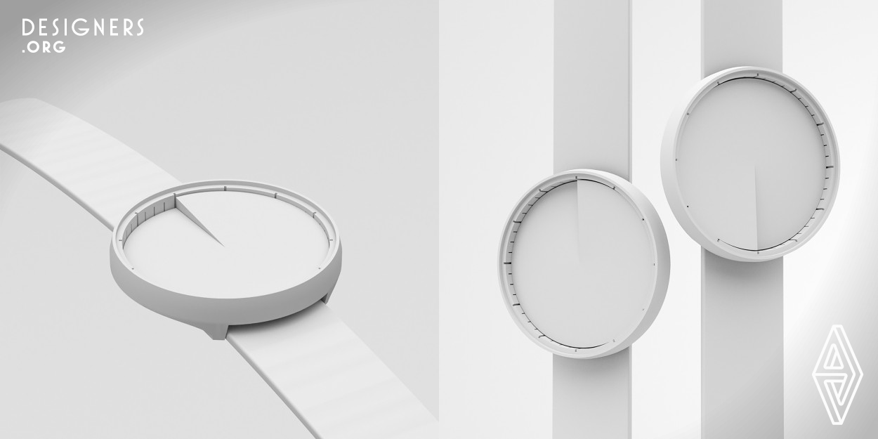 Adesse is an ultra-minimalist watch that acts as a memento to enjoy the present. The minimalist approach to becoming 'present' is to remove the unnecessary. Adesse reimagines the traditional analog watch with minimalist principles, and questions what is absolutely necessary to tell the time. Do you really need to see the numerical indicators? The minute hand? The hour hand? Designed through subtraction, traditional watch features are removed. A sculptural piece is carved out of the watch face. The face rotates, covering and deliberately revealing just enough to tell the time.