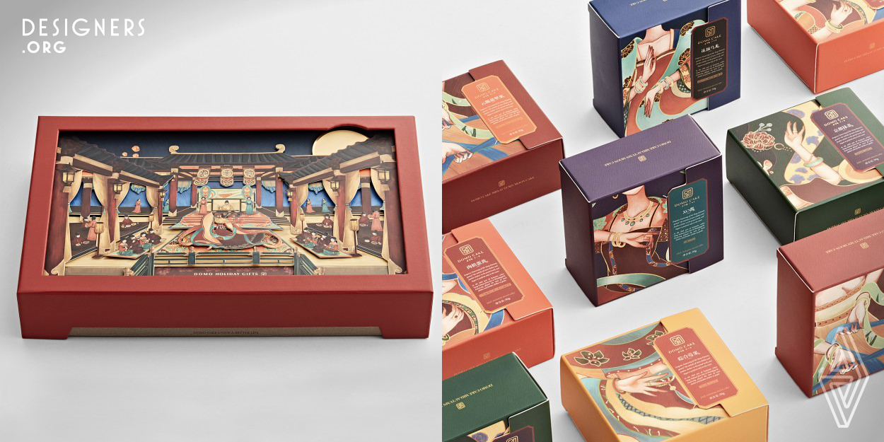 In order to reproduce the magnificent scene of Tang Palace Music and dance in the prosperous Tang Dynasty, this design uses the perspective of large perspective to set the layout of the outer box, the hand-painted technique of embroidery style to draw the scene of the banquet in the prosperous Tang Dynasty, and uses the three-dimensional paper carving to increase the level of packaging. The inner box is to take different dance styles of neon feather dress dance to present, and match with Chinese classical color, which reflects the elegance of Chinese classical culture.