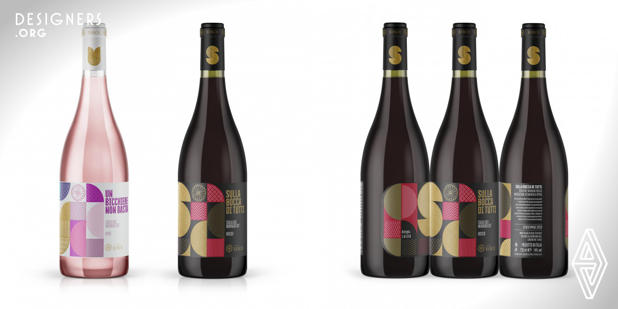 An innovative, unusual and carefree design to define the identity of these wines. A geometric design that takes its cue from the seventies and enriches it with iconographic elements that represent the characteristics of the Sardinian territory. The design of these labels is studied to give a tactile effect when the bottle is removed, thanks to the paper of the label and the embossing of some parts of it. The goal is to communicate a fresh and youthful, carefree and immediate design suitable for a young audience looking for a quality wine with an intriguing appeal.