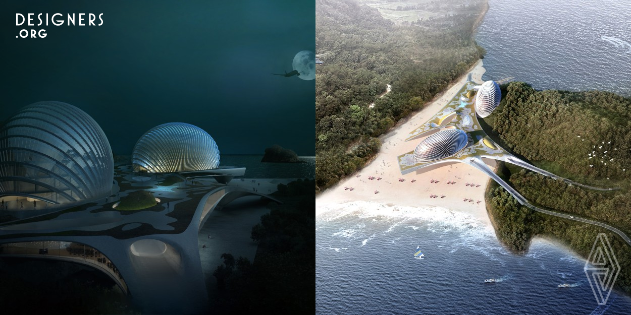 The design is inspired by sea creatures, which Nanji Island is famous for, such as nudibranch. The "mollusk" lifts itself by its soft legs and stretches its tentacles to explore different directions. The public part of the hotel resembles a floating space above the sand. The sandy ground blends into the hotel to become an outdoor playground in the shadow cast by the building above. The building blends the boundaries between buildings and landscape by its organic form and flexible connectivity. Eco-friendly technologies have been installed to minimize the environmental impacts.