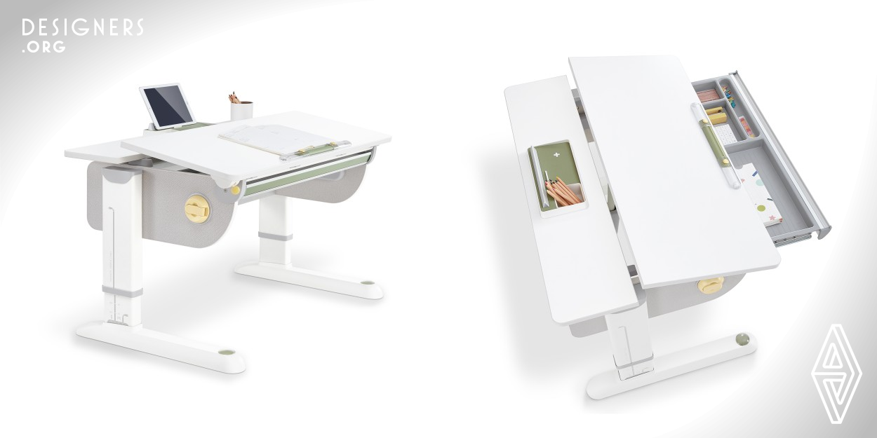 The Venus Study Desk is an adjustable ergonomic desk designed for Chinese students to better self-study online. Considering that most Chinese students access online teaching resources through pads and smart phones, the Venus Study desk is equipped with a multi-functional accessory providing functions including pad stand, wireless charging, and storage. The whole desk is fun to play with and convenient to use. 