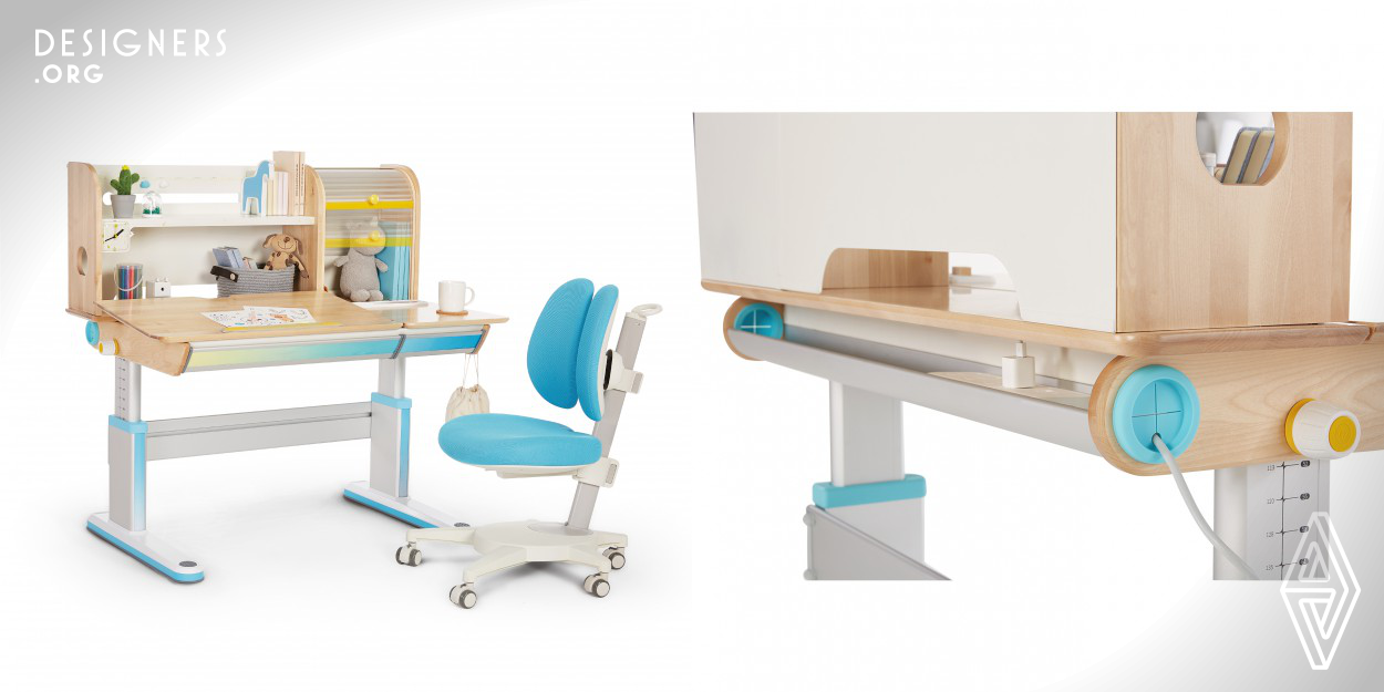 The dreamland study table combines ergonomics and powerful storage functions to meet the diverse needs of students around school age to adults. The table is equipped with desk-top lift and height adjustment function. The unique desktop area segmentation helps improve children's using comfort. It is equipped with a small clock to help children allocate their time. Powerful storage system, and rich accessories make the dreamland study table the best companion for children’s childhood.